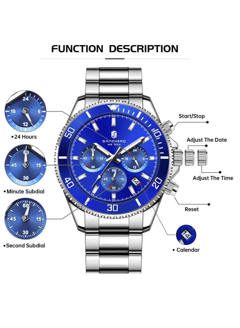 Sapphero  SAPPHERO Mens Watches Analog Quartz Chronograph Stainless Steel Watches for Men 50M Waterproof Men's Wrist Watches with Calendar Luxury Business Work Casual Watch Elegant Gifts for Mens for Men | Best Price UAE