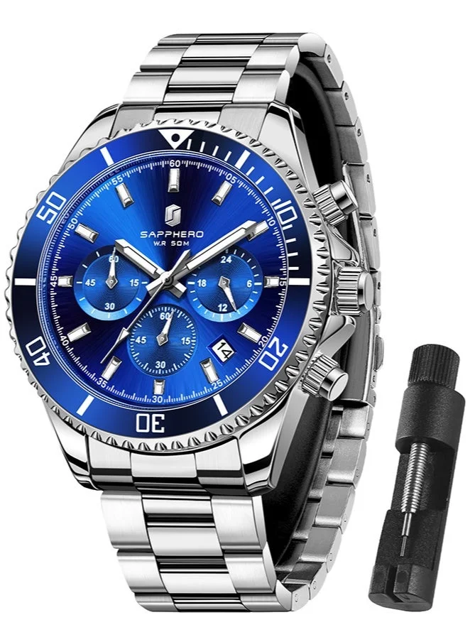 Sapphero SAPPHERO Mens Watches Analog Quartz Chronograph Stainless Steel Watches for Men 50M Waterproof Men's Wrist Watches with Calendar Luxury Business Work Casual Watch Elegant Gifts for Mens