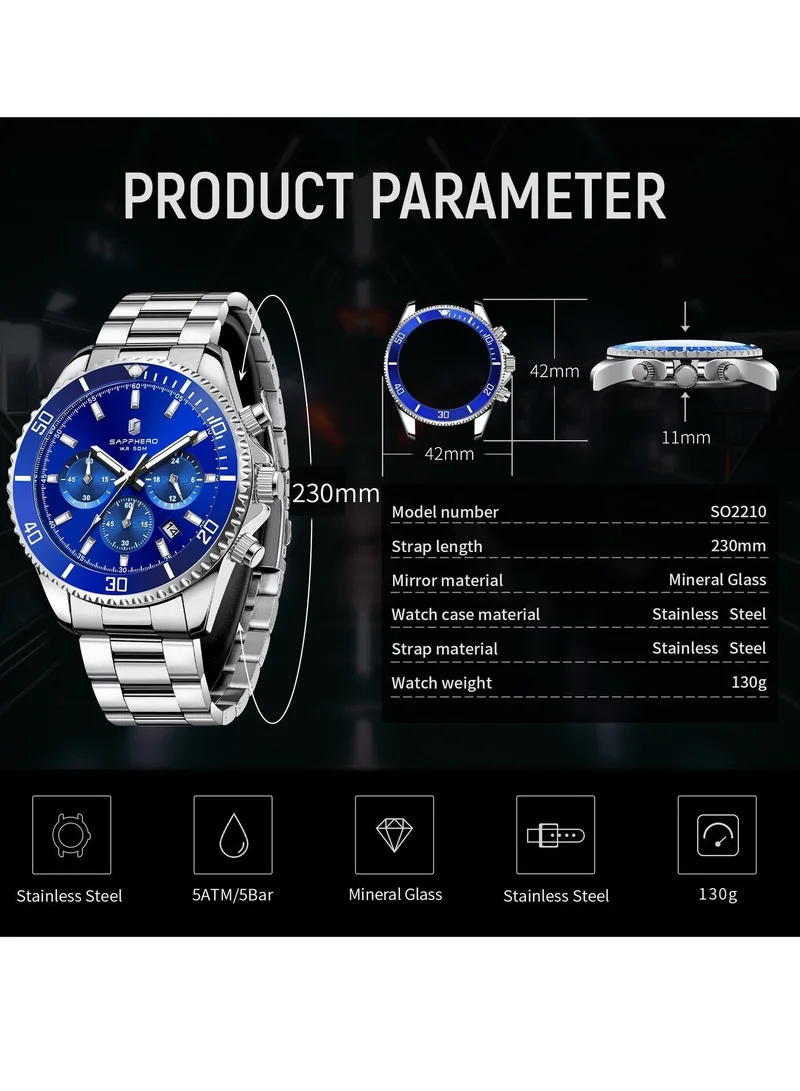 Sapphero 200 g SAPPHERO Mens Watches Analog Quartz Chronograph Stainless Steel Watches for Men 50M Waterproof Men's Wrist Watches with Calendar Luxury Business Work Casual Watch Elegant Gifts for Mens for Men | Best Price UAE