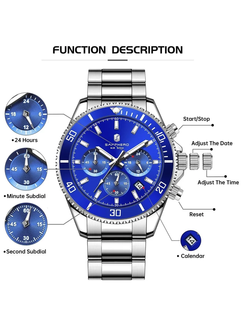 Sapphero 200 g SAPPHERO Mens Watches Analog Quartz Chronograph Stainless Steel Watches for Men 50M Waterproof Men's Wrist Watches with Calendar Luxury Business Work Casual Watch Elegant Gifts for Mens for Men | Best Price UAE