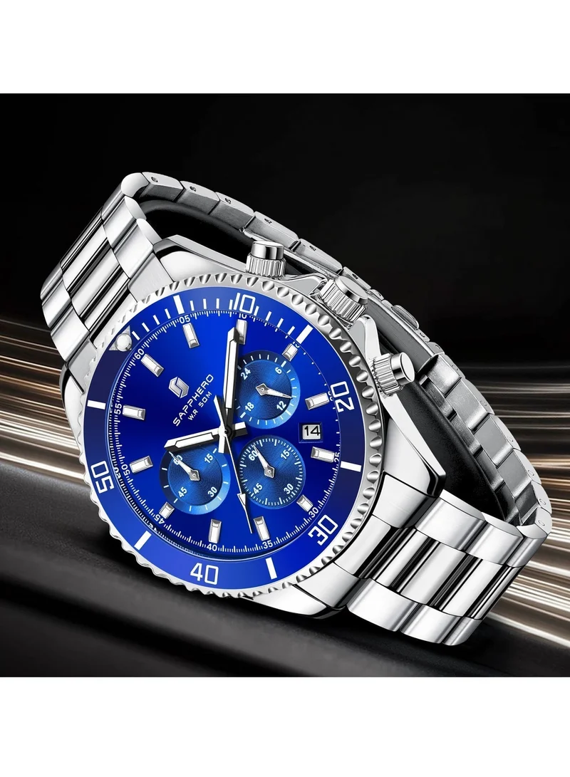 Sapphero 200 g SAPPHERO Mens Watches Analog Quartz Chronograph Stainless Steel Watches for Men 50M Waterproof Men's Wrist Watches with Calendar Luxury Business Work Casual Watch Elegant Gifts for Mens for Men | Best Price UAE
