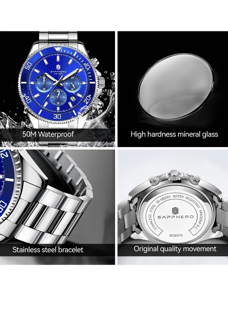 Sapphero 200 g SAPPHERO Mens Watches Analog Quartz Chronograph Stainless Steel Watches for Men 50M Waterproof Men's Wrist Watches with Calendar Luxury Business Work Casual Watch Elegant Gifts for Mens for Men | Best Price UAE