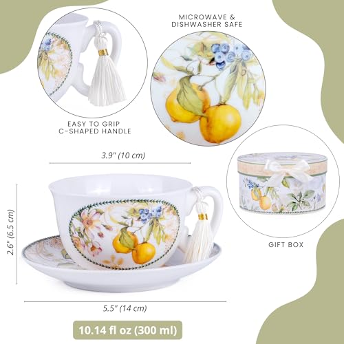 STP GOODS Bone China Tea/Coffee Cup and Saucer in Gift Box Fine Bone China Coffee Cup with Saucer Tea Cup Set of One (Lemon) - Image 3