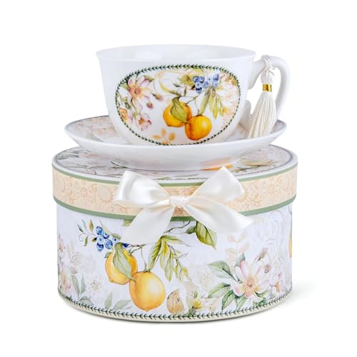 STP GOODS Bone China Tea/Coffee Cup and Saucer in Gift Box Fine Bone China Coffee Cup with Saucer Tea Cup Set of One (Lemon) - Image 1