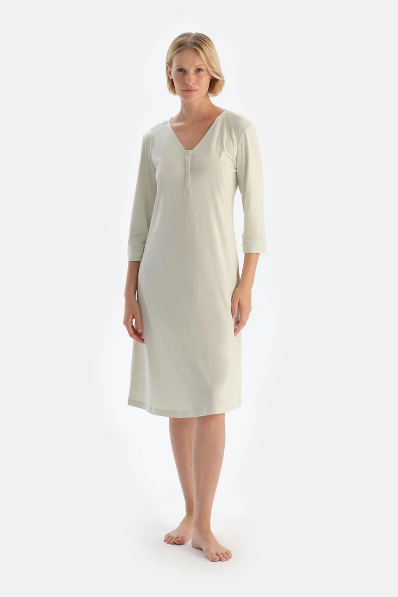 داجي Mint Green Lace Detailed Long Sleeve Nightgown