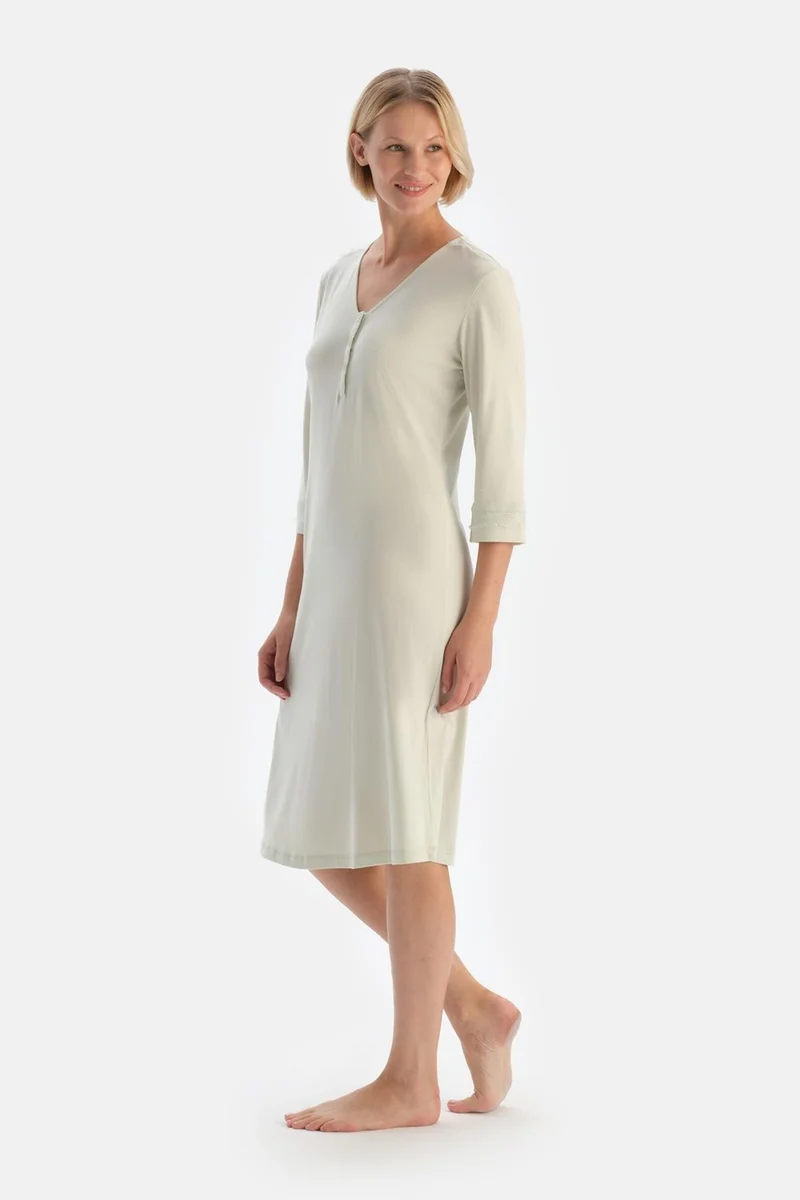 داجي Mint Green Lace Detailed Long Sleeve Nightgown