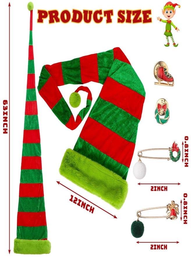 Funtery 2 Pcs Super Long Christmas Elf Hat 63 Inches Knitted Green White with Red Striped Santa Long Tail Xmas Hats with Snowmen Pin for Adults Christmas Dress up Photo Props New Year Party Supplies - Image 2