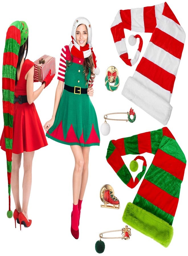 Funtery 2 Pcs Super Long Christmas Elf Hat 63 Inches Knitted Green White with Red Striped Santa Long Tail Xmas Hats with Snowmen Pin for Adults Christmas Dress up Photo Props New Year Party Supplies - Image 1