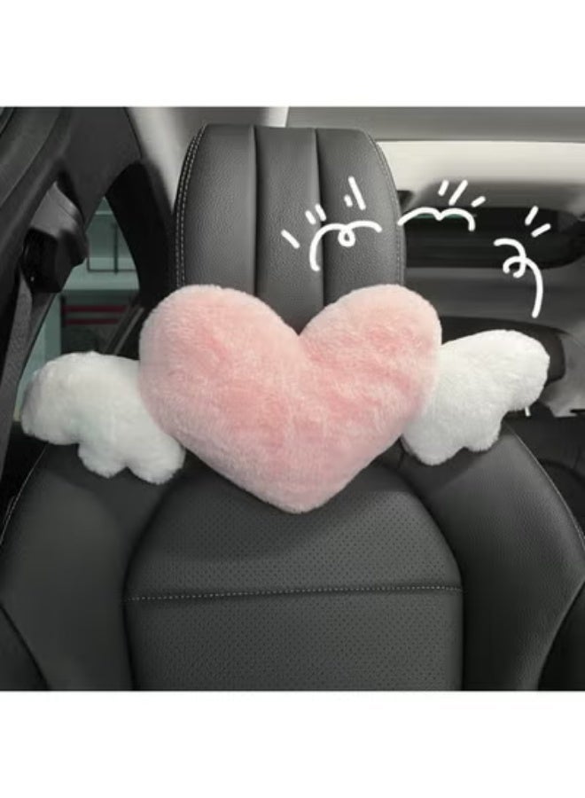 COYO 1 Pcs Plush Heart Shaped Pillow with Angel Wings Car Headrest Soft Comfortable Car Seat Pillow for Driving Travelling Room Office Car Decor, (Pink) - Image 1