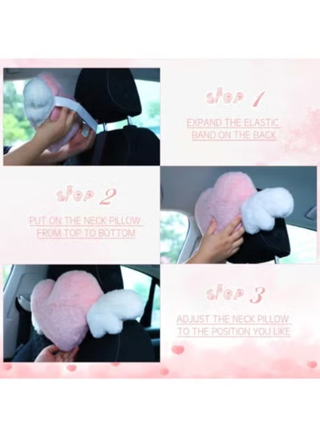 COYO 1 Pcs Plush Heart Shaped Pillow with Angel Wings Car Headrest Soft Comfortable Car Seat Pillow for Driving Travelling Room Office Car Decor, (Pink) - Image 4