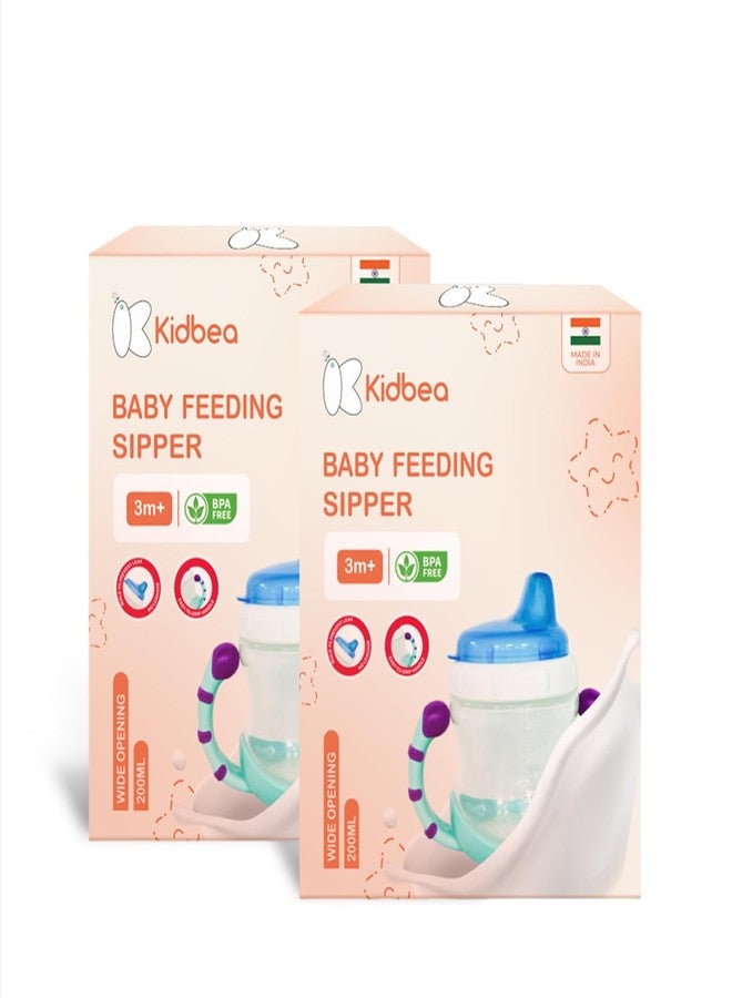 Kidbea® Baby Feeding Sipper Cup Bottle | 200ml Wide Neck, Soft Silicone Spout, Anti-Spill, Dual Grip Handles & BPA Free | Pack of 2 (Blue) - Image 1