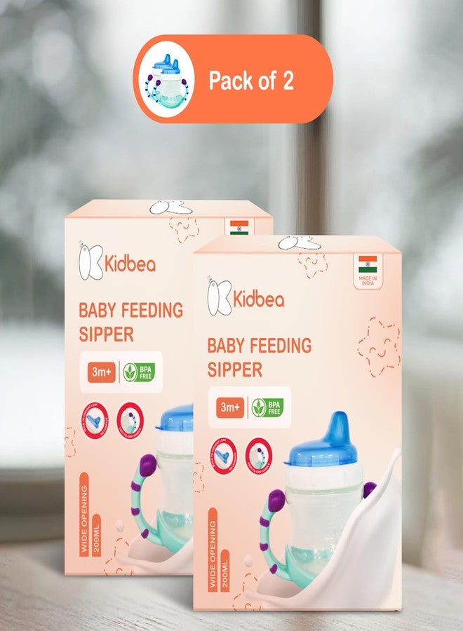 Kidbea® Baby Feeding Sipper Cup Bottle | 200ml Wide Neck, Soft Silicone Spout, Anti-Spill, Dual Grip Handles & BPA Free | Pack of 2 (Blue) - Image 2