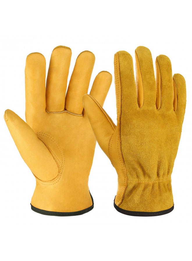 OZERO Leather Work Gloves Flex Grip Tough Cowhide Gardening Glove for Wood Cutting/Construction/Truck Driving/Garden/Yard Working for Men and Women 1 Pair (Gold,Medium) - Image 1