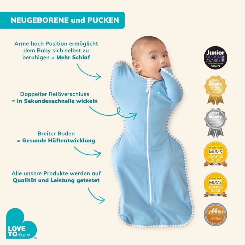 LOVE TO dream حب النوم سواتل UP، كيس نوم للأطفال، سحاب مزدوج لتغيير الحفاضات بسهولة، وضعية الأذرع لأعلى، صحي للورك، خفيف الوزن وقابل للتنفس، كيس نوم، ينظم درجة الحرارة المثالية، 3-6 أشهر، رمادي - Image 5