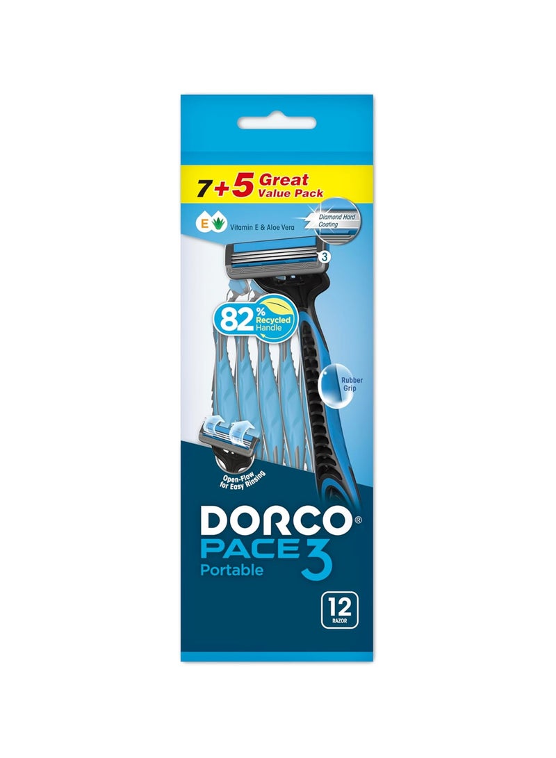 DORCO Pace3 Men Portable Razor 12 Count - Image 1