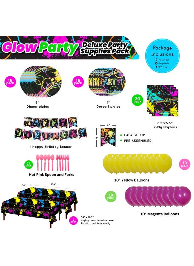 Blue Orchards - Glow Deluxe Party Supplies Packs (123 Pieces For 16 Guests) Neon 80S Party Supplies Glow In The Dark Party Supplies 80'S Party Decorations Plates And Napkins Neon Glow Party Blue Orchards - Image 1