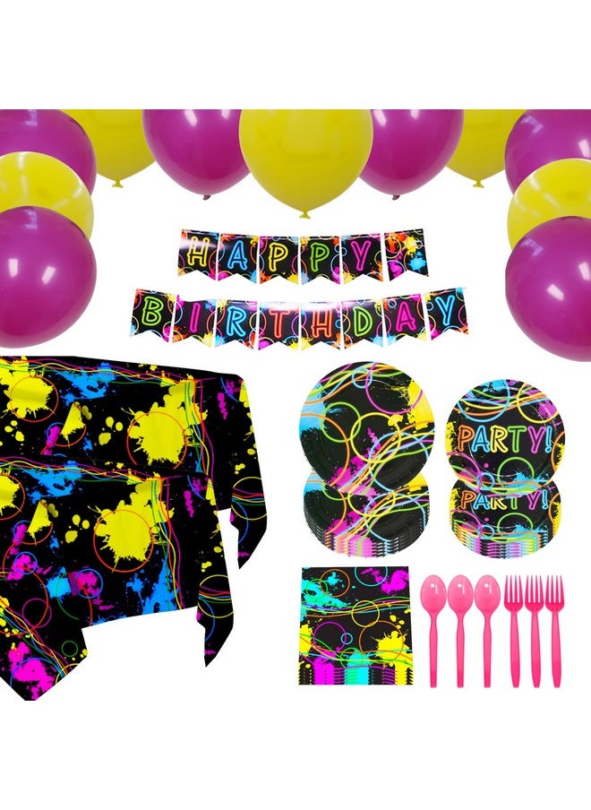 Blue Orchards - Glow Deluxe Party Supplies Packs (123 Pieces For 16 Guests) Neon 80S Party Supplies Glow In The Dark Party Supplies 80'S Party Decorations Plates And Napkins Neon Glow Party Blue Orchards - Image 1