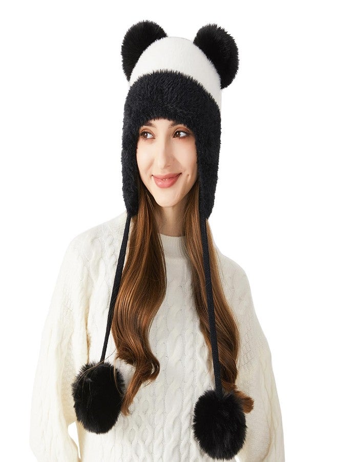 DOCILA Winter Knit Beanie for Women - Lovely Panda Style Earflaps Hat With Faux Fur Pom - Peruvian Ear Cover Sherpa Ski Snow Hat - Black White - Image 1