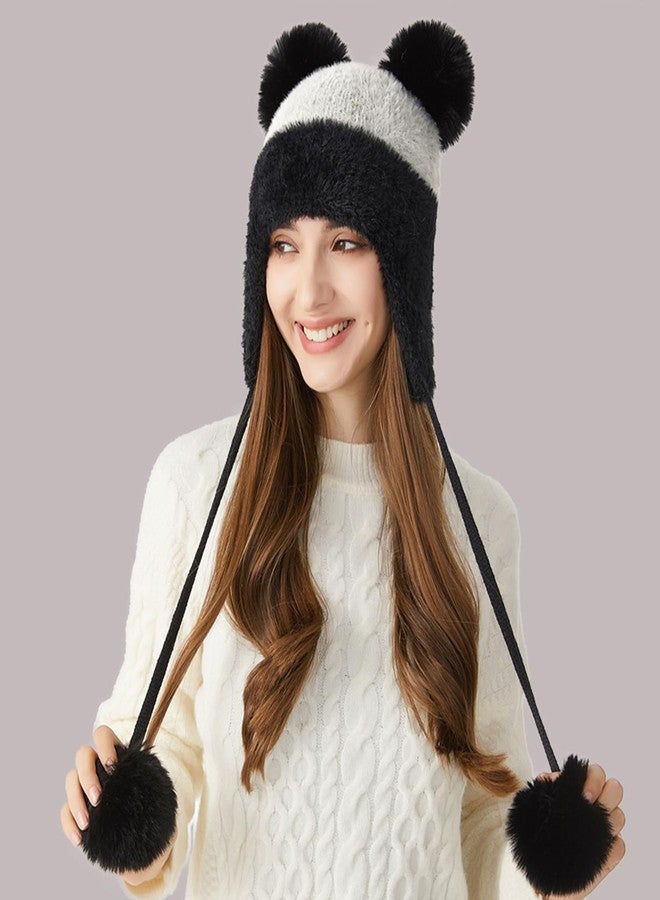DOCILA Winter Knit Beanie for Women - Lovely Panda Style Earflaps Hat With Faux Fur Pom - Peruvian Ear Cover Sherpa Ski Snow Hat - Black White - Image 2
