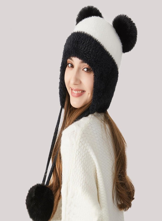 DOCILA Winter Knit Beanie for Women - Lovely Panda Style Earflaps Hat With Faux Fur Pom - Peruvian Ear Cover Sherpa Ski Snow Hat - Black White - Image 3