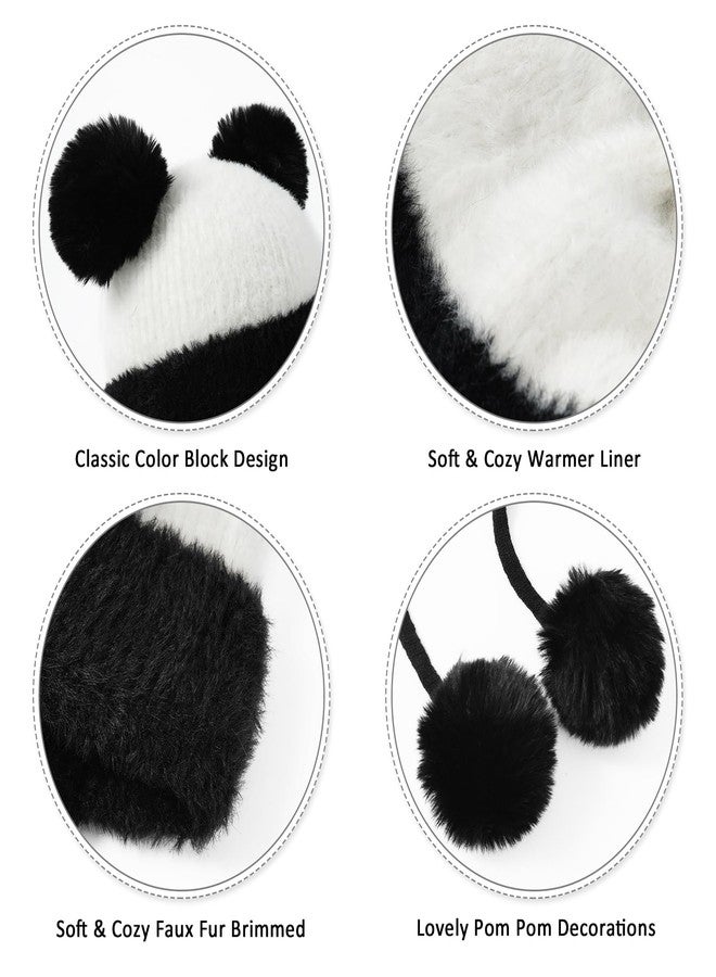 DOCILA Winter Knit Beanie for Women - Lovely Panda Style Earflaps Hat With Faux Fur Pom - Peruvian Ear Cover Sherpa Ski Snow Hat - Black White - Image 4
