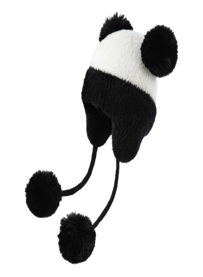 DOCILA Winter Knit Beanie for Women - Lovely Panda Style Earflaps Hat With Faux Fur Pom - Peruvian Ear Cover Sherpa Ski Snow Hat - Black White - Image 5