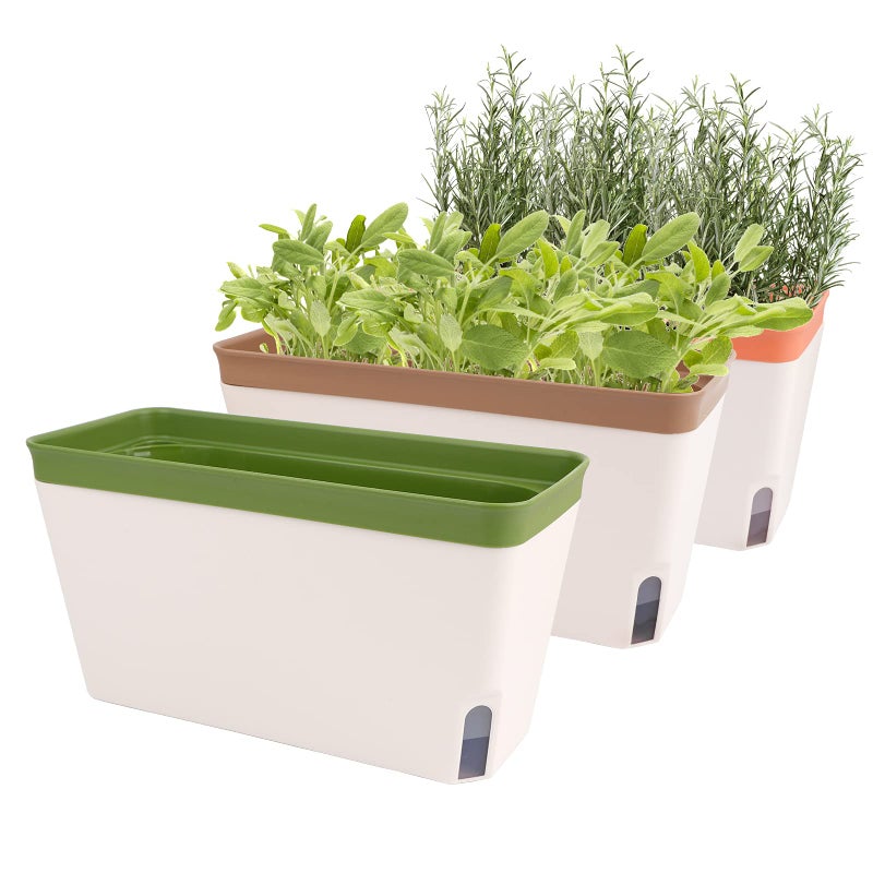 OurWarm Windowsill Herb Planter Box Indoor Set of 3, 10.5 Inch Self Watering Planter Pots with Visual Water Level Window, Modern Plastic Plant Pots for Herbs, Vegetables, Succulents Plants - Image 1