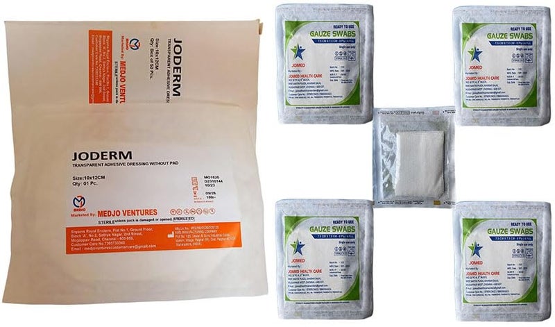 JOMED Buy JOMED Waterproof & Transparent Film Dressing,Size : 10x12cm 10 pcs, GET FREE (2pcs) Gauze swabs Sterile 7.5cm x 7.5cm x 8ply 4 pcs per pack - Image 1