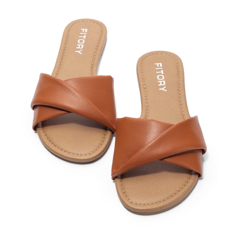 FITORY Women's Flat Sandals Fashion Slides With Soft Leather Slippers for Summer Brown Size 7 - Image 2