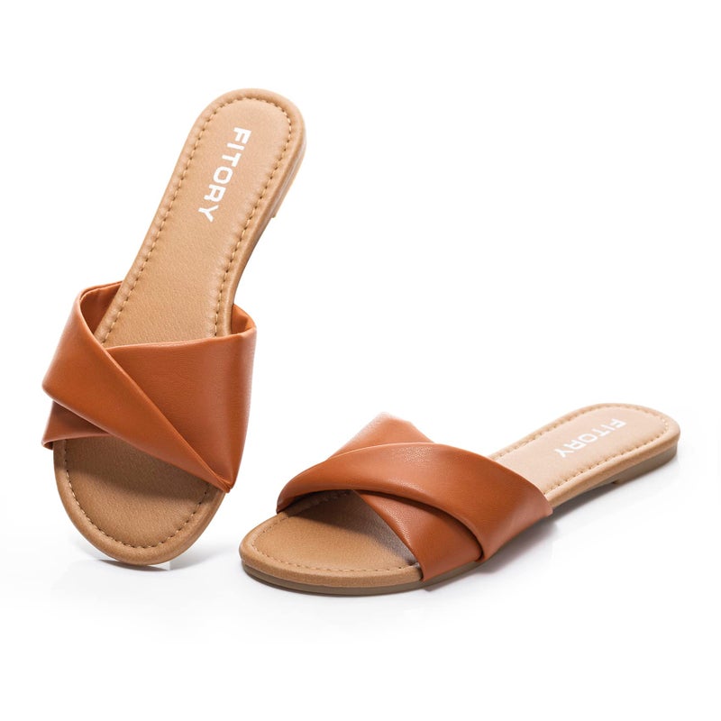 FITORY Women's Flat Sandals Fashion Slides With Soft Leather Slippers for Summer Brown Size 7 - Image 1