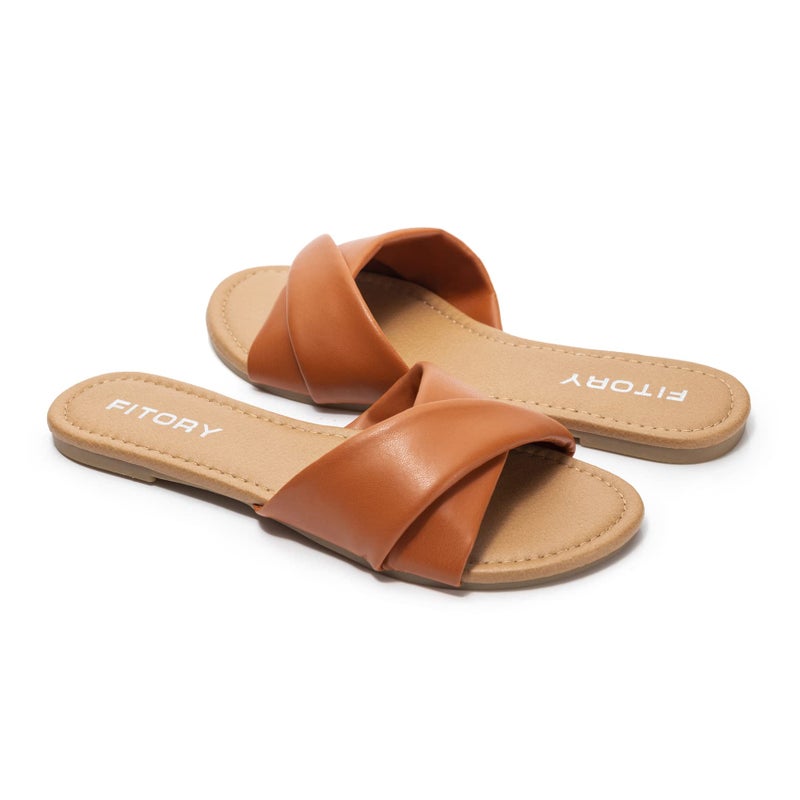 FITORY Women's Flat Sandals Fashion Slides With Soft Leather Slippers for Summer Brown Size 7 - Image 4