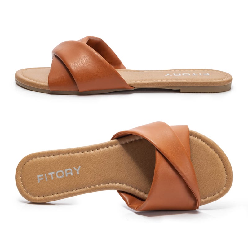 FITORY Women's Flat Sandals Fashion Slides With Soft Leather Slippers for Summer Brown Size 7 - Image 3