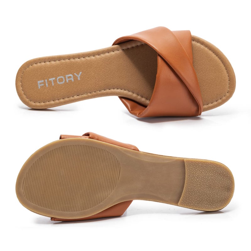 FITORY Women's Flat Sandals Fashion Slides With Soft Leather Slippers for Summer Brown Size 7 - Image 5