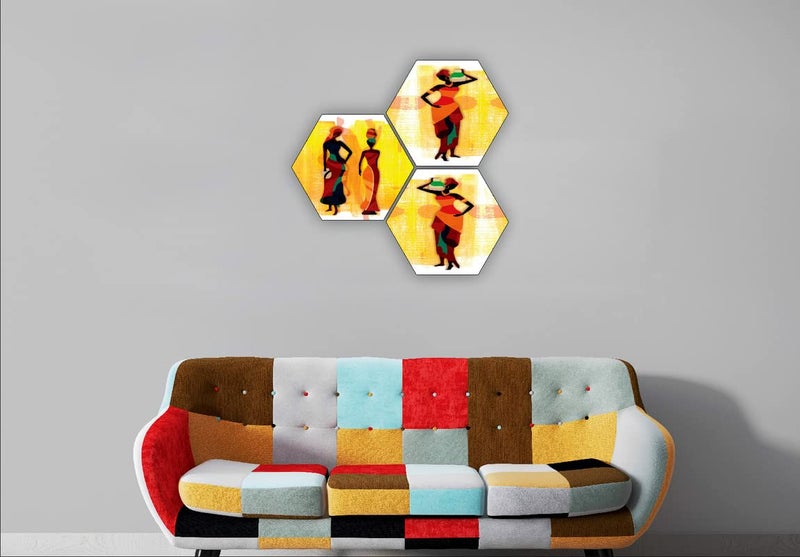 SAF Set of 3 modern art Panihari ladies Hexagon MDF Board self adeshive Home Decorative gift item Wall Painting 17 Inch X 17 Inch SANFHX7703 - Image 2