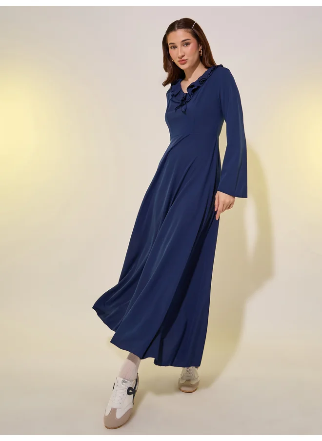 Take Two Take Two Solid Ruffled V Neck A-Lien Maxi Dress