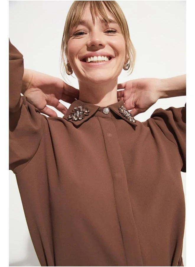 جون June Women Embroidered Detailed Long Dress Brown