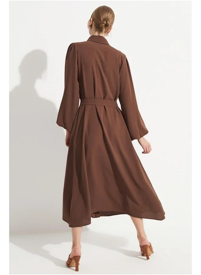 جون June Women Embroidered Detailed Long Dress Brown