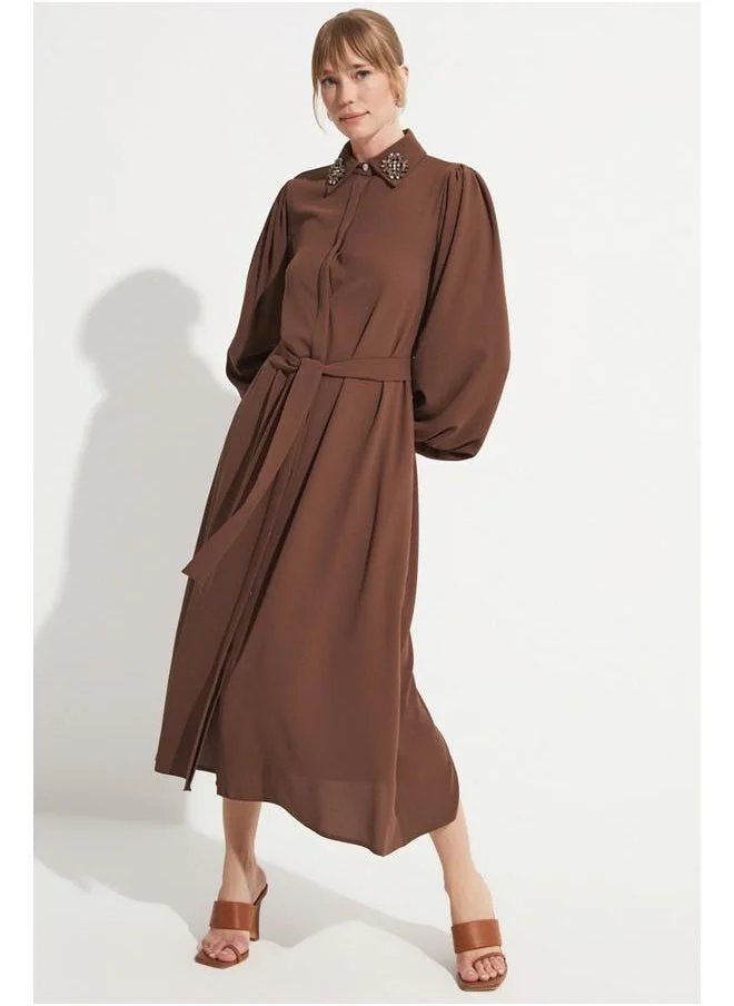 جون June Women Embroidered Detailed Long Dress Brown