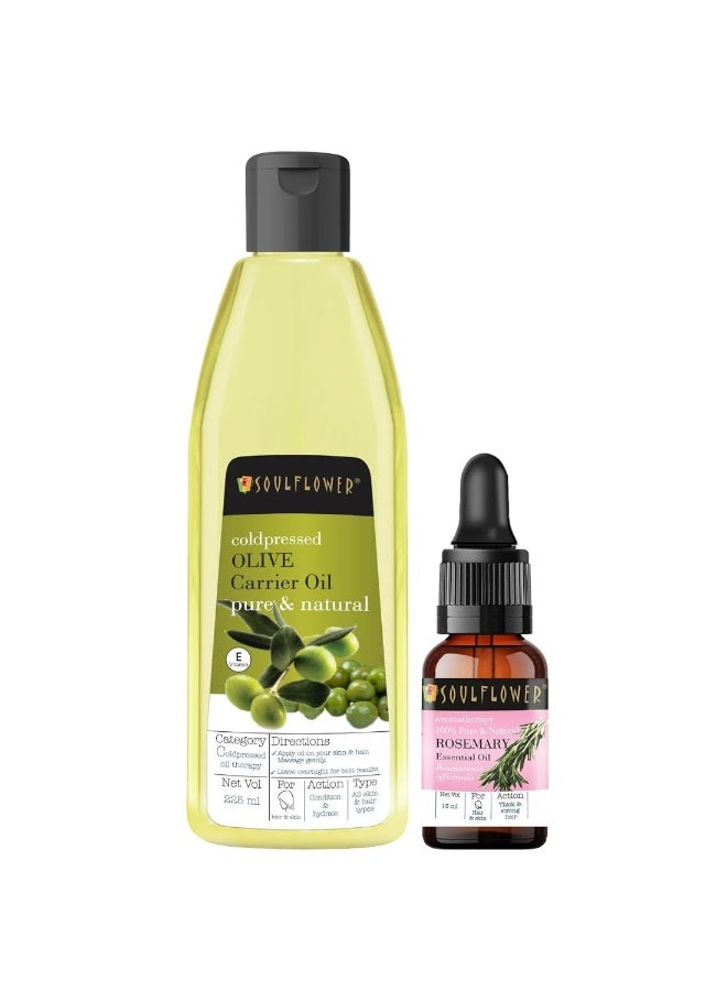 Soulflower Rosemary Essential Oil 15ml & Oilve Carrier Oil 225ml Combo| Hair Growth, Hair Fall Control, Healthy Scalp, Strengthen Roots | 100% Pure, Natural, Orgainic, Ecocert Certified Pack of 2 - Image 1