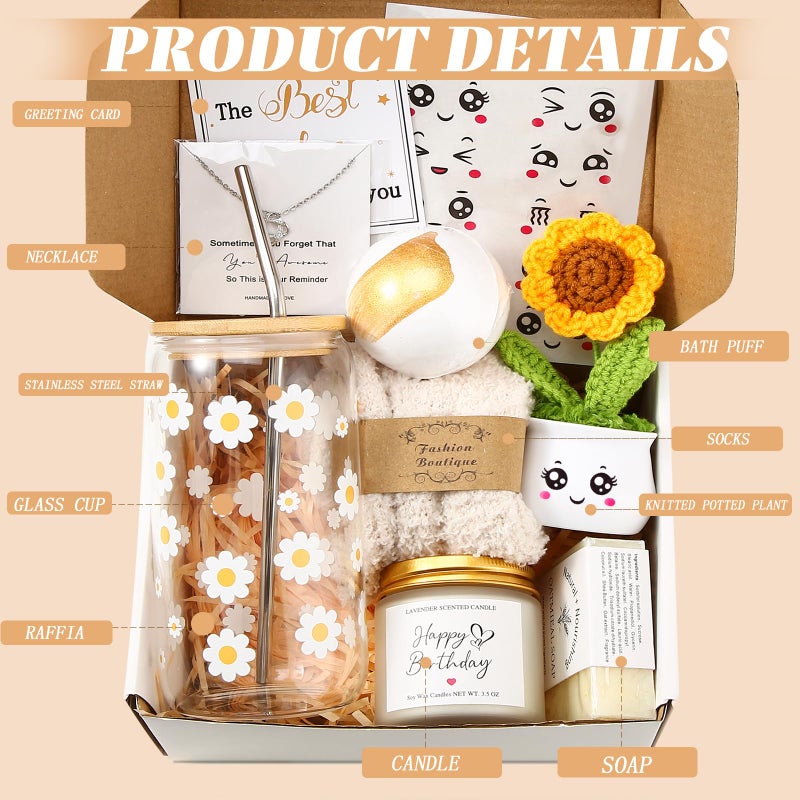 DHQH Birthday Gifts Baskets for Women, Self Care Christmas Gifts for Mom Sister Best Friend Grandma, Cute Daisy Gift Set with 16 oz Glass Cup - Image 5