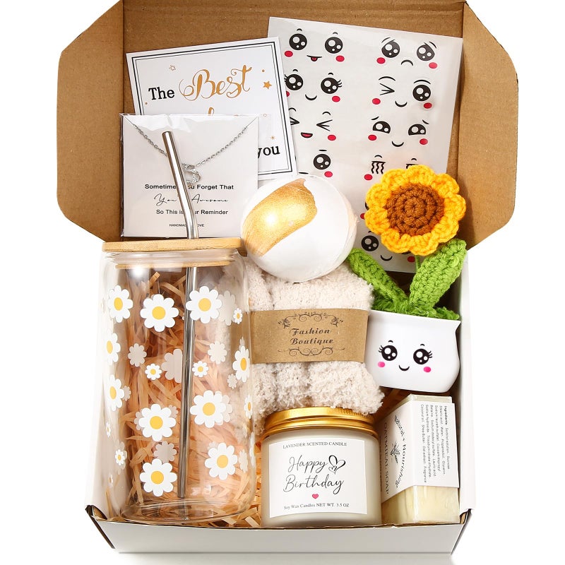 DHQH Birthday Gifts Baskets for Women, Self Care Christmas Gifts for Mom Sister Best Friend Grandma, Cute Daisy Gift Set with 16 oz Glass Cup - Image 1