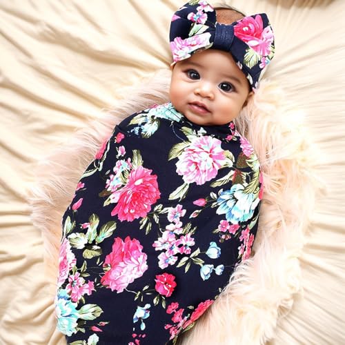 Galabloomer Receiving Blanket Headband Set Flower Print Baby Swaddle Receiving Blankets… (Navy Blue Rose) - Image 3