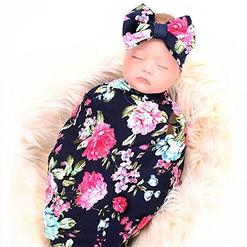 Galabloomer Receiving Blanket Headband Set Flower Print Baby Swaddle Receiving Blankets… (Navy Blue Rose) - Image 2
