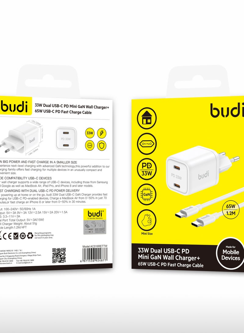 budi 30W USB-C PD And QC3.0 Wall Charger + 65W USB-C PD Fast Charger Cable - Image 1
