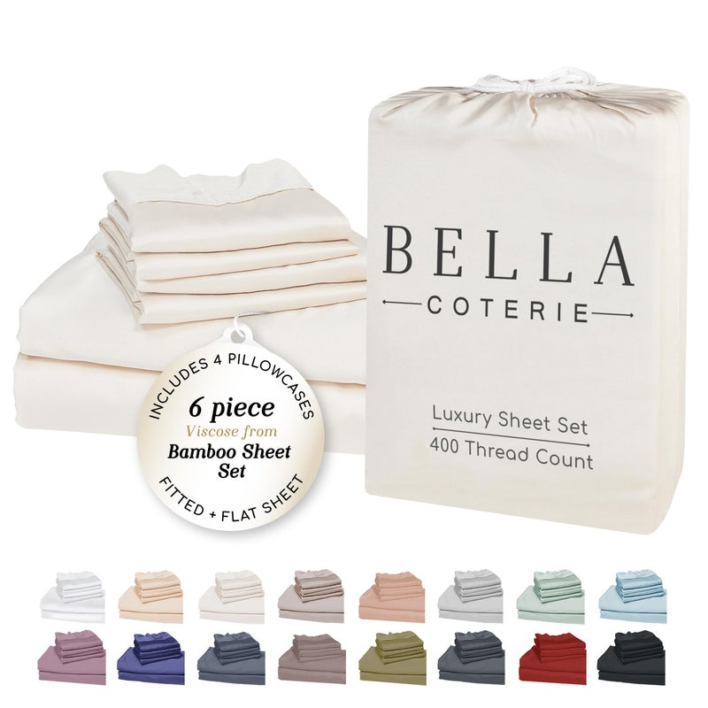 BC BELLA COTERIE Bella Coterie 6 Piece Luxury Bamboo Viscose Queen Size Sheet Set | 100% Organically Grown | Cooling for Hot Sleepers | 18" Deep Pocket | Soft & Hypoallergenic | 4 Pillowcases [Ivory] - Image 1