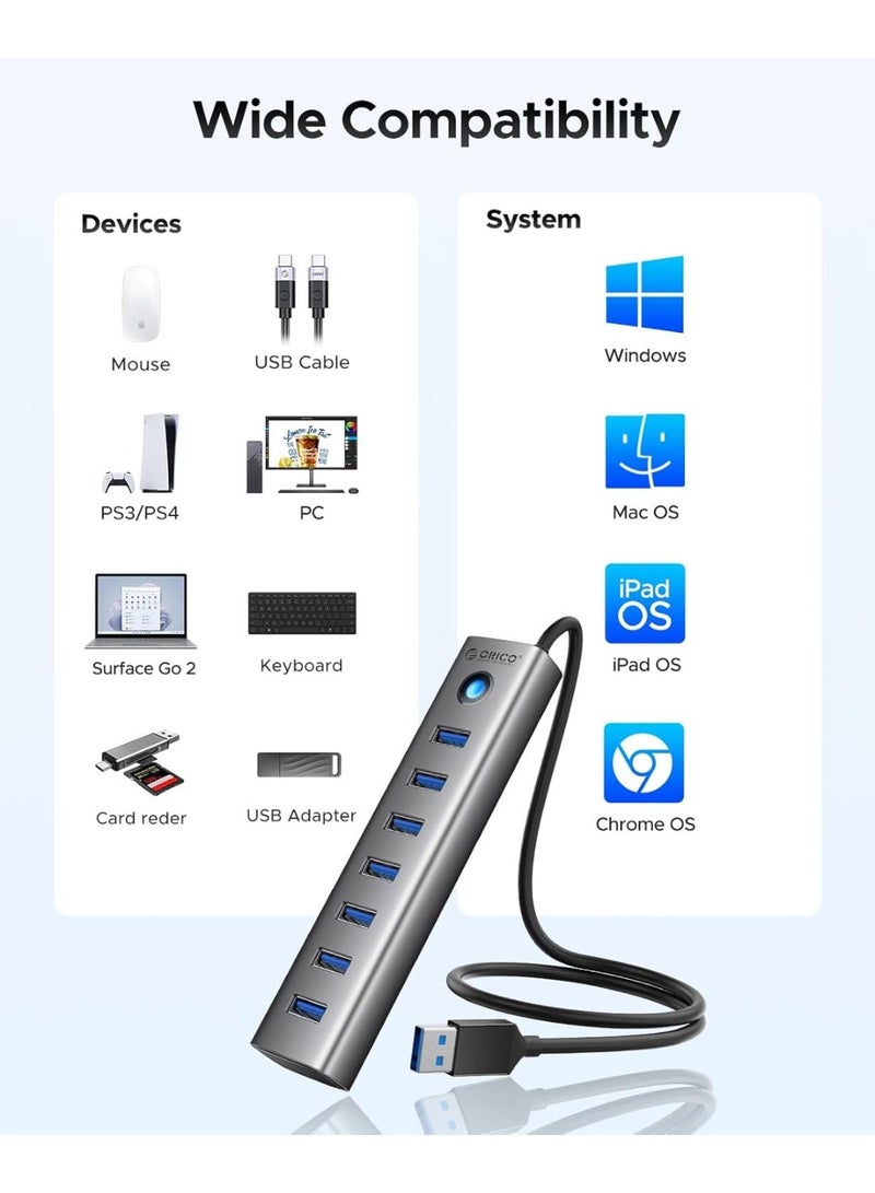 ORICO USB 3.0 Hub, 5Gbps Aluminum 7 Port USB Hub, 50 cm Long Cable with 5V/3A Type-C Power Port, Multiple USB 3.0 Adapter Compatible with MacBook, PS4, Surface Pro, HP - Image 2