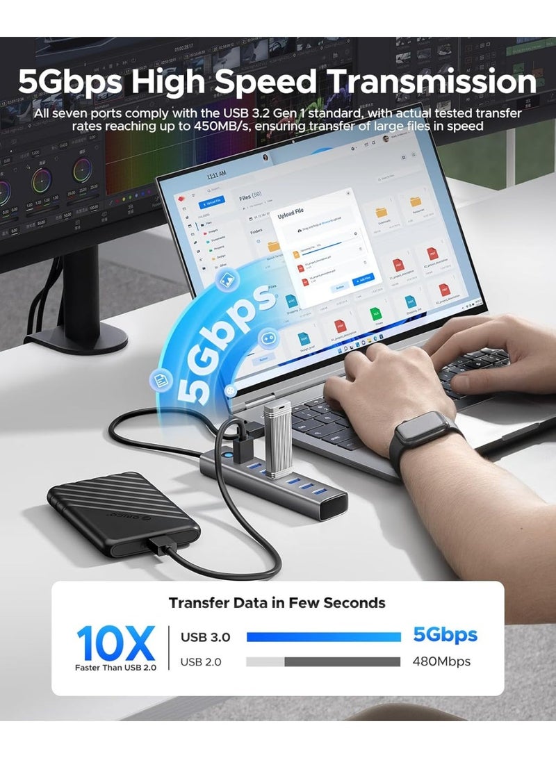 ORICO USB 3.0 Hub, 5Gbps Aluminum 7 Port USB Hub, 50 cm Long Cable with 5V/3A Type-C Power Port, Multiple USB 3.0 Adapter Compatible with MacBook, PS4, Surface Pro, HP - Image 3