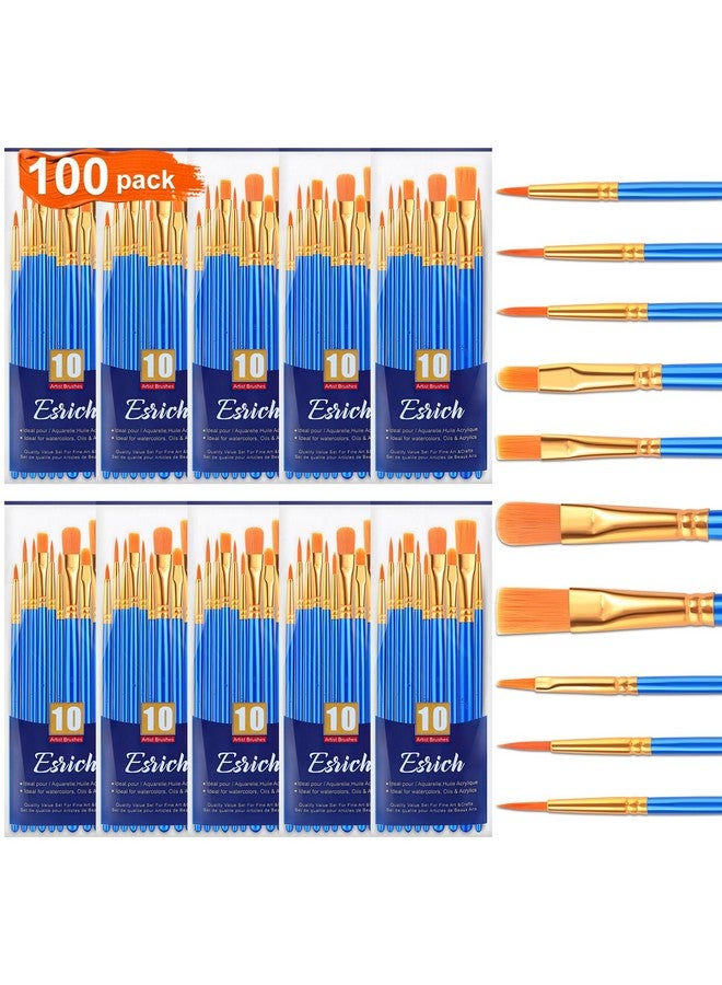 ESRICH Acrylic Paint Brushes Set, 10 Packs/ 100 Pcs Watercolor Brushes,Nylon Brush Head, for Oil Painting, Gouache, Face,Ceramics etc, Kid's and Adults Painting Arts and Crafts Paint Sets. - Image 1