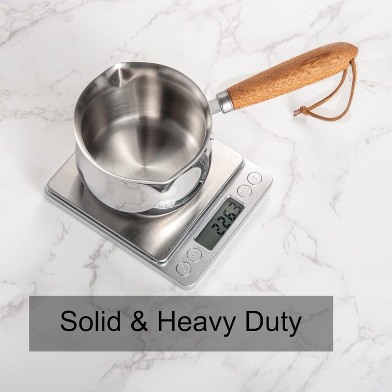 Yopple Stainless Steel Mini Saucepan, 150ml/250ml Butter & Milk Warmer, Dual Spouts, Wooden Handle, Small Pot for Sauces, Coffee, Baby Food & More - Image 1