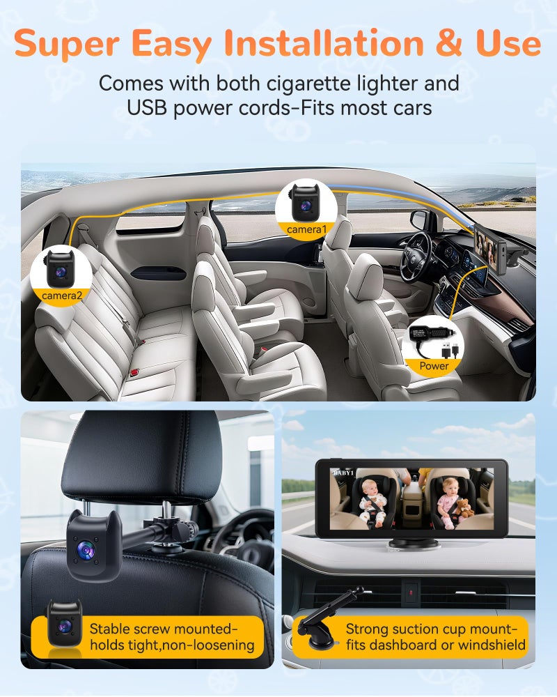 KOUENOM Dual Car Camera Baby Monitor with 6.9" Split Screen-1080P HD Carseat Camera for 2 kids with 360Â° Full Rotation-Night Vision, Auto-detail Enhancement, 2 Power Ways, Easy Install, for Twins & Siblings - Image 5